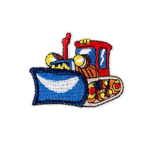 May include: An embroidered iron-on patch of a red, blue, and yellow cartoon bulldozer with a blue blade.
