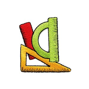 May include: A set of three colorful embroidered school supplies: a red protractor, a green protractor, and a yellow triangle.