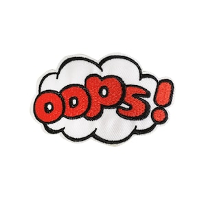 May include: Red embroidered patch with a white cloud shape and the word "OOPS!" in a comic book style font.