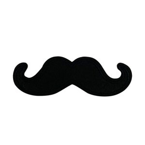 May include: A black, felt mustache with curved ends. The mustache is a solid, dark color and is set against a white background. This item is suitable for costume parties or photo booth props.