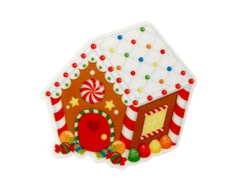 May include: A gingerbread house with a red door, candy cane trim, and a white roof with colourful sprinkles. There are candy canes and other sweets around the base of the house.