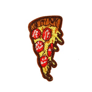 May include: Embroidered patch in the shape of a pizza slice. The patch features a brown crust, yellow cheese, and red pepperoni. The patch is designed to be ironed on or sewn onto fabric.
