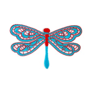 May include: A blue and red embroidered dragonfly patch. The dragonfly has intricate details and a delicate design.