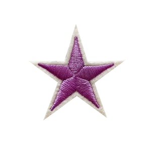 May include: A purple embroidered star with a white outline. The star is a patch or applique that can be sewn onto fabric.