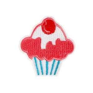 May include: A red and white embroidered cupcake patch with a blue and white striped base. The cupcake has a red cherry on top.