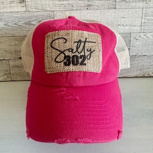 Salty 302 Burlap Patch Hat, Delaware hats, DE beach hat, custom hats, patch hats, Delaware gifts, DE souvenir hats, 302 hats