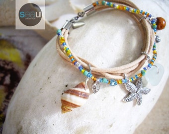 Bohemian - Boho - Natural leather bracelet and a row of seed bead