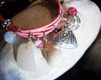 Pink leather bracelet - 10 charms - Shades of gray and pink - BR10pink02