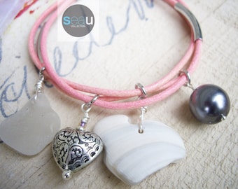 Smoothie strawberry - Pink italian leather Bracelet - 4 charms - Grey and white Tones - Brfrai03