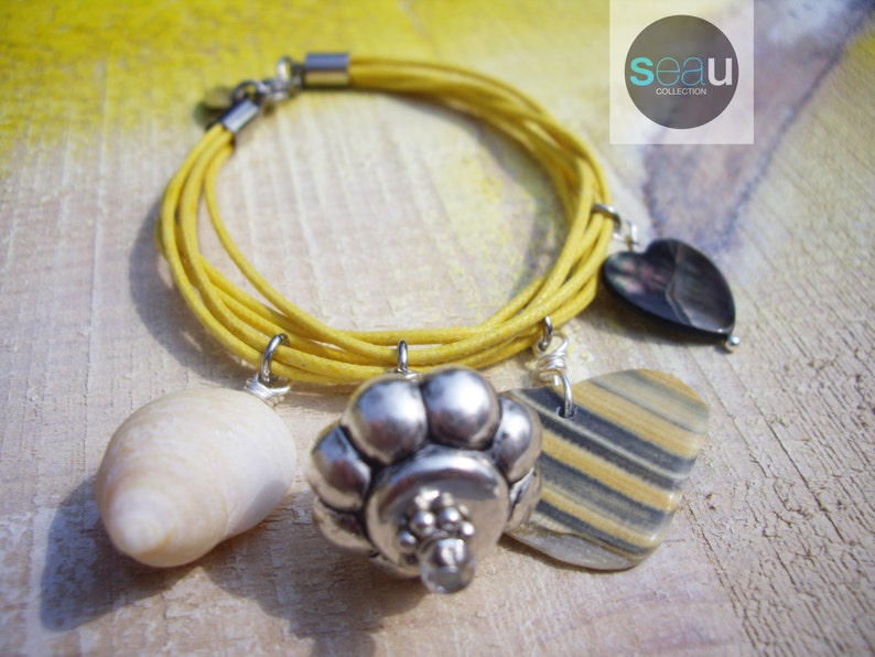 Limoncello Bracelet Beach wrap Boho bracelet in waxed cotton Multistrands Shades of yellow grey and white BRlimo01 imagem 1