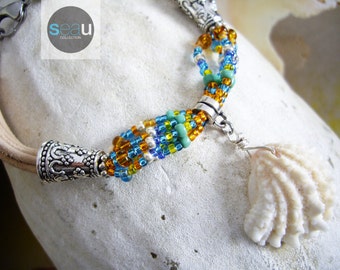 Tarifa - Natural leather bracelet with seed beads - Boho Chic - Orange and turquoise - Brtarifa01