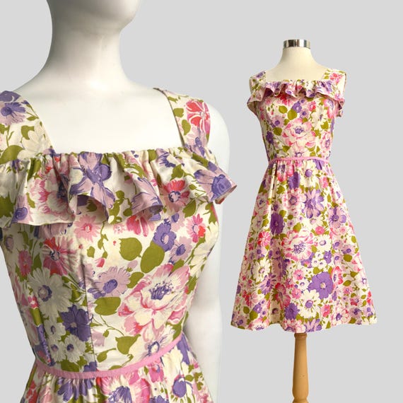 Vintage 50s 1960s FRANCES BREWSTER Colorful Floral Ruffles Cotton Pink Ribbon Dress S