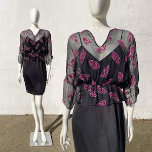 Vintage 1980s Disco 2pc Sequined Shocking Pink Silver Sheer Silk Blouson & Slip Dress M