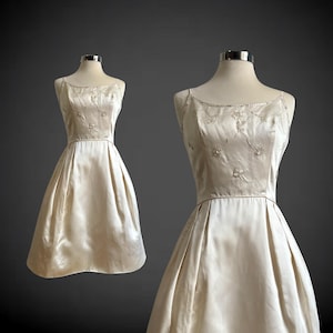 Vintage 1950s Beaded Ivory Satin Cocktail Dress Design S 50s Dress