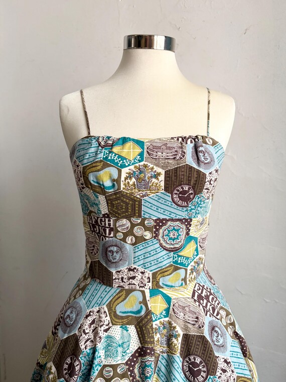 Vintage 1950s Folklore Patchwork Print Cotton Ful… - image 2