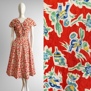 Vintage 1940s Gorgeous Cantina Novelty Print Capelet Collar Cotton Dress S