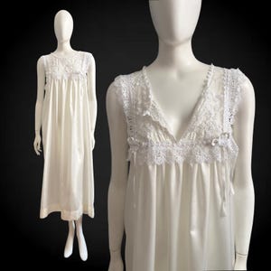 Vintage 1970s CHRISTIAN DIOR Lingerie Ivory Peignoir Nightgown Lace Ruffles & Ribbons Satin Poly Dressing Gown M