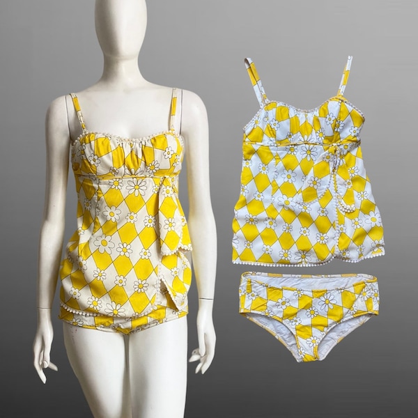 Vintage 1960s Swimsuit Playsuit Sunshine Yellow Crazy Daisy Harlequin Picot Edge S