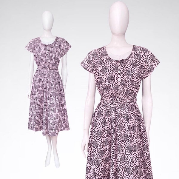 Vintage 1950s Charming Pink Lazer Cut Floral Cotton Daydress Full Skirt Daydress/L 50s Dress