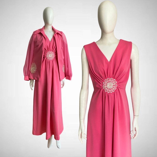 Vintage 1970s Disco Pink Rhinestone Embroidery 2 pc Gown and Jacket 70s Maxi Dress M/L
