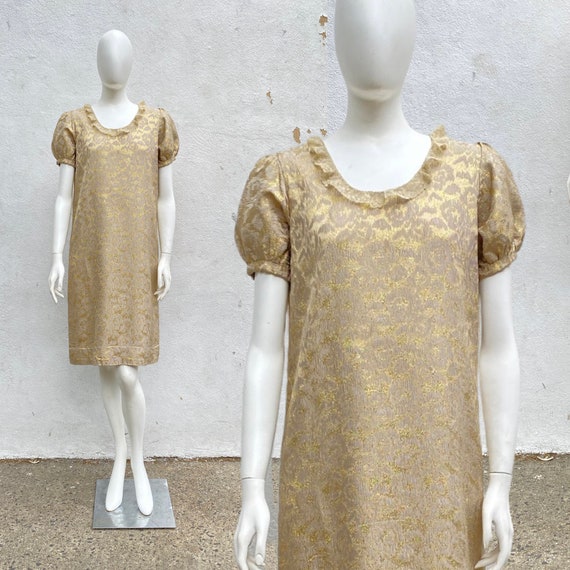 Vintage 1960s Gold Lurex Lame and Lace Cocktail D… - image 1