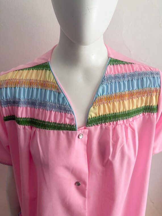 Vintage 1960s Pink Smocked Stripes Lounge Dress H… - image 2