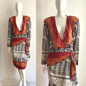 Vintage 1980s Boho Rayon Tile Print Draped 80s Dress M