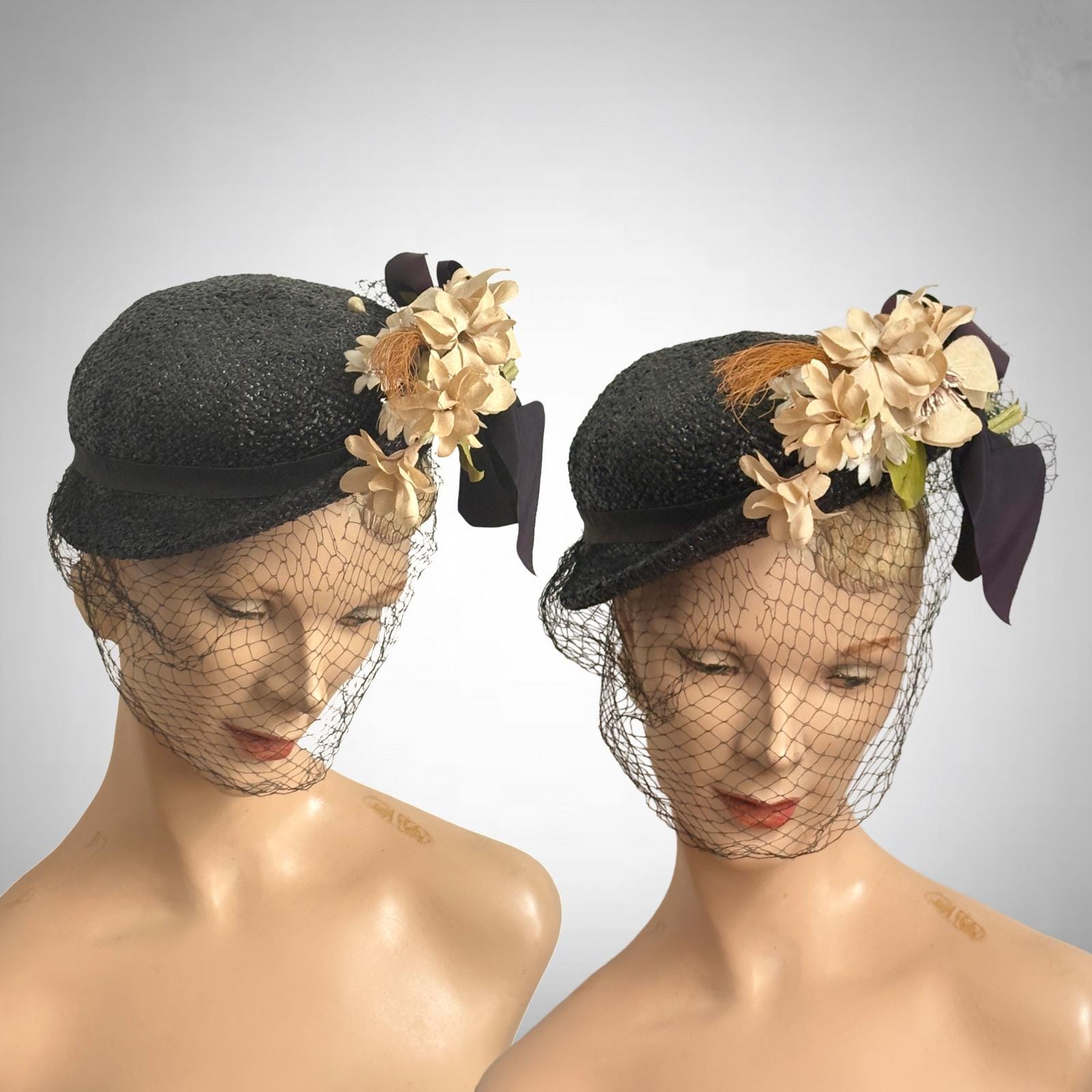 GLORIOUS 1930s\' BLACK FINE  STRAW TOQUE WITH FULL VEIL AND FABRIC FLOWERS Blush Rose Black Hat w/ Dramatic Veil circa 1940s  main image 3