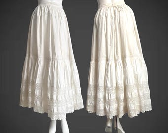 Antique Edwardian Ivory Cotton Lace Detailing Flounced Skirt Petticoat S