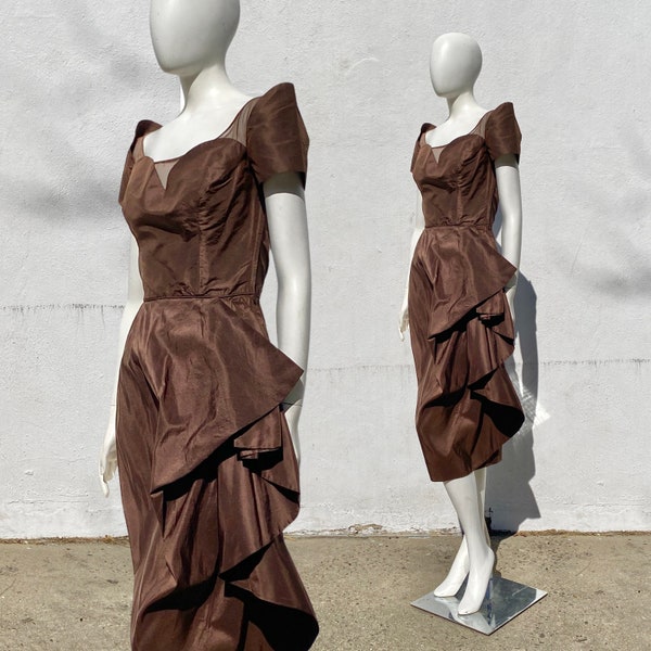 1950s CEIL CHAPMAN Copper Brown Silk Side Swag Sculptural Hourglass Cocktail Dress S