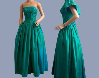 Vintage 1950s irisierendes Türkis Grüner Taft Abendkleid im Doppelpack Gr. S