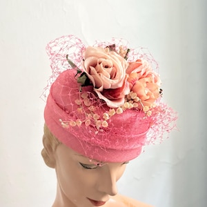 Vintage 1960s Pink Straw Rose Garden Hat Turban Fantasy 60s Hat