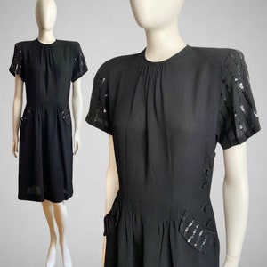 Vintage 1940s Darling Black Rayon Dress Sequin Embellished 40s Dress M