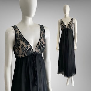 1960s 70s Gold Label Claire Sandra Lucie Ann Beverly Hills Black Goddess Nylon Gown Lace Nightgown S