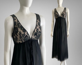 Anni '60 anni '70 Etichetta dorata Claire Sandra Lucie Ann Beverly Hills Dea nera Nylon Abito Camicia da notte in pizzo S