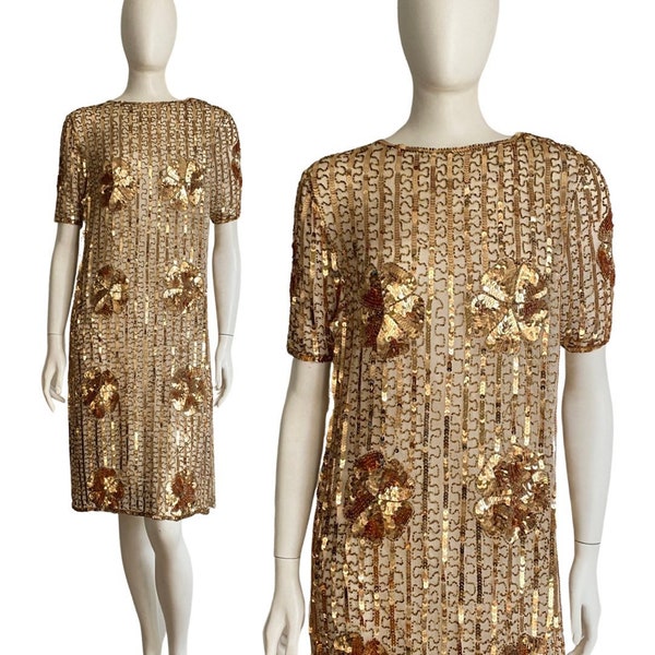 Vintage 1980s Does 1920s Flapper Gold Metallic Sequined Dress Med 80s Disco