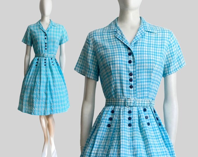 Medium 1950s Day Dress Blue Plaid Cotton Short Sleeve Fit and Flare Summer