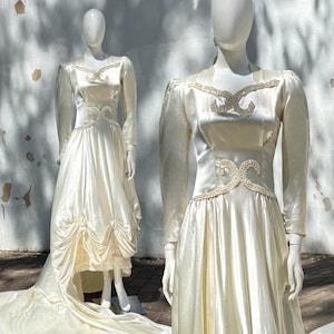 Vintage 1940s Beaded Embellished Slipper Satin Cathedral Train Wedding Dress 40s Bride S