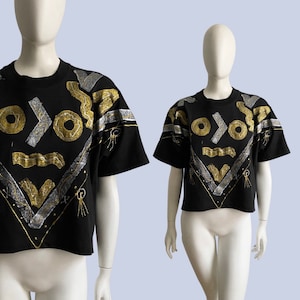 Vintage 1980s Hand Painted New Wave Gold & Silver Boxy Tee