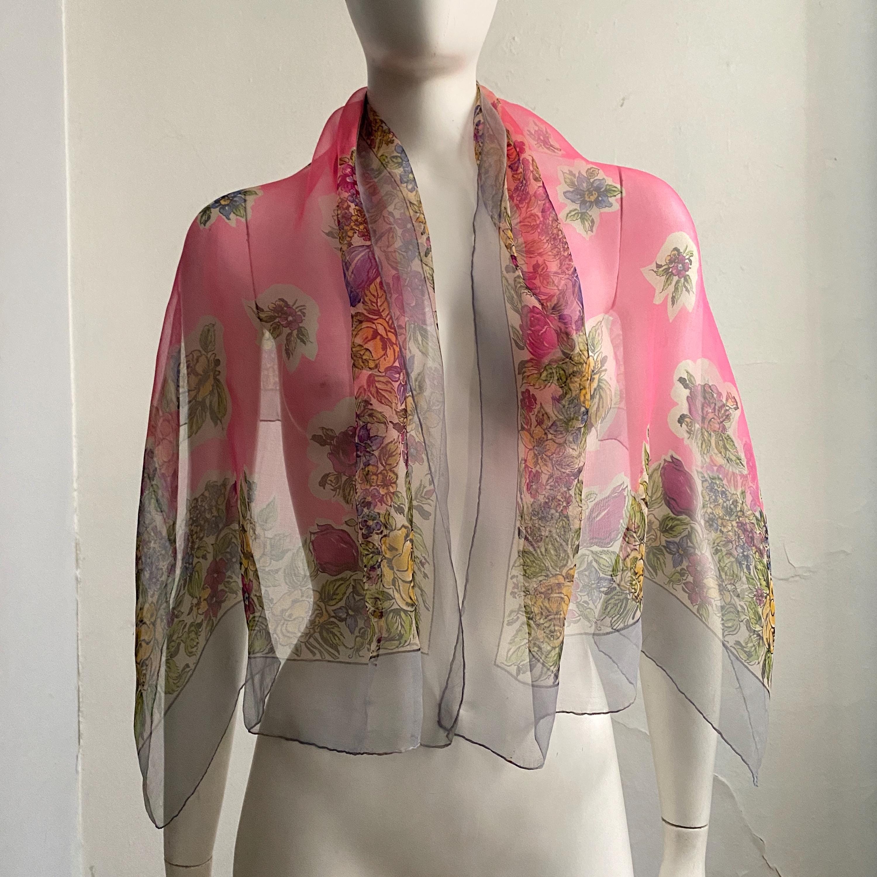 Vintage 1940s Silk Floral Chiffon Shawl Scarf Wrap