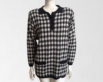 Vintage ADOLFO Collectibles Houndstooth Jacquard Knit Polo Tunic Sweater S