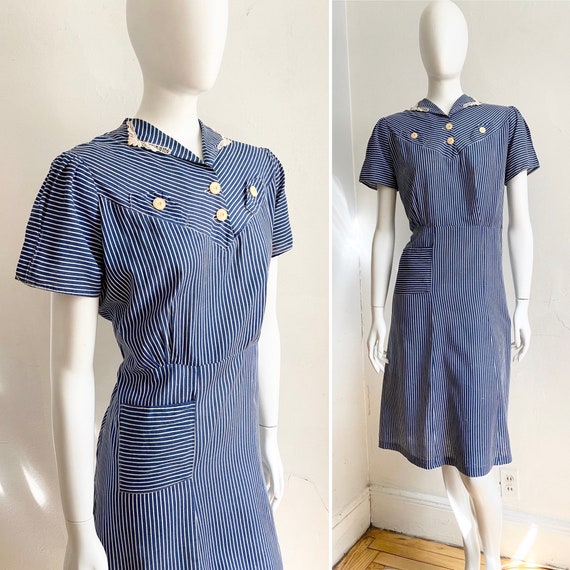1930s Depression Era Ticking Stripe Lace Detail Dr