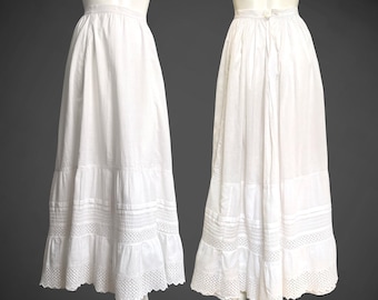 Antyczna spódnica warstwowa z falbanką i falbanką w kolorze kości słoniowej w stylu edwardiańskim, z bawełny, halka, rozmiar S