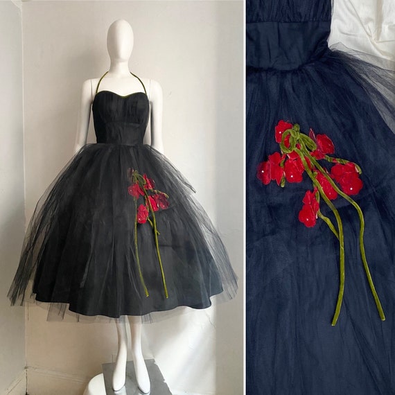 Vintage 1950s Black Tulle and Velvet Cocktail Dres