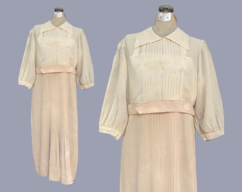 Antique Vintage 1930s Silk Chiffon & Rayon Pleated Day Dress 30s Dress Belt M