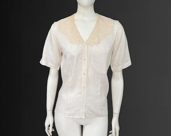 RALPH LAUREN Blue Label c. 1980s Spitzenkragen Leinen Bluse Antik Weiss/Gr. 10