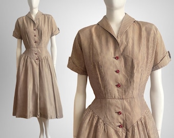 Vintage 1950s McKETTRICK Brown Check Daydress Full Skirt Daydress/M 50s Dress