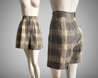 90s Vintage GIORGIO SANT ANGELO Plaid Linen High Waisted Shorts S