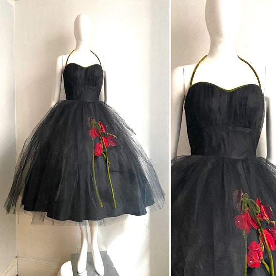 Vintage 1950s Black Tulle and Velvet Cocktail Dres