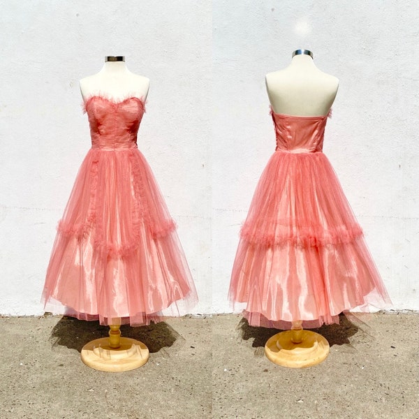 Vintage 1950s Salmon Pink Tulle Party Dress Cupcake 50s Prom Dress S